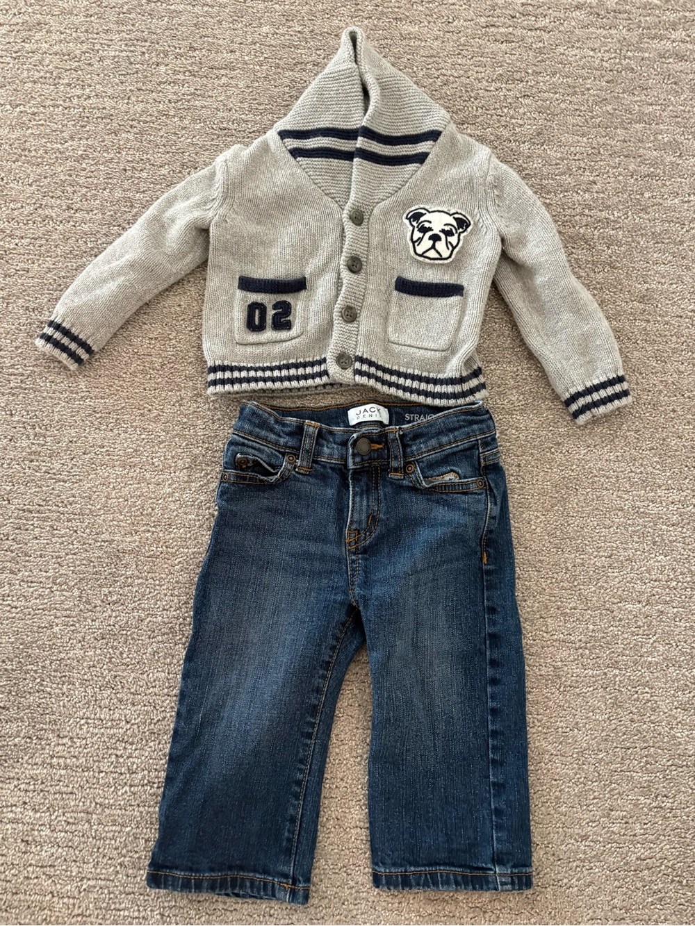 Janie and Jack Knit Cardigan Sweater - Gray with Navy Accent and Denim Jeans